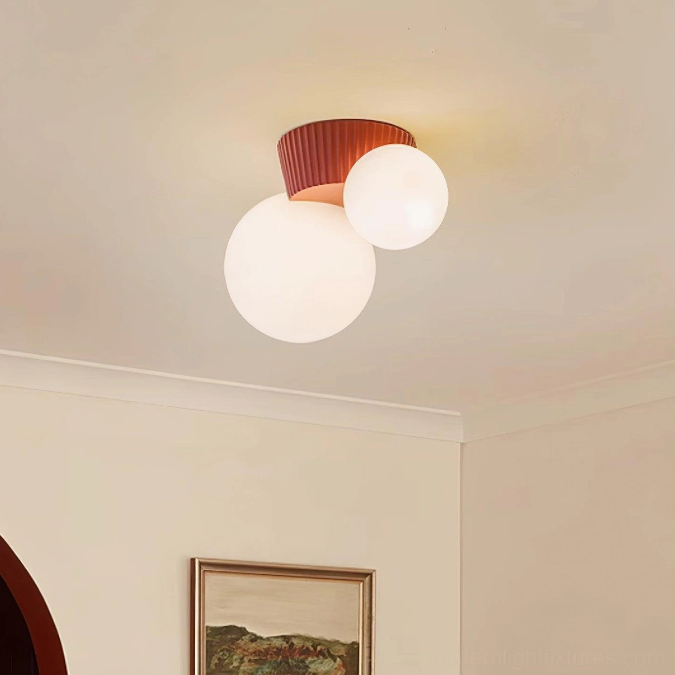 Land red resin ceiling fixture bringing warm accent color to contemporary interior space