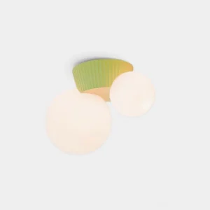 Land mineral-textured resin ceiling light with dual spheres in close-up studio view