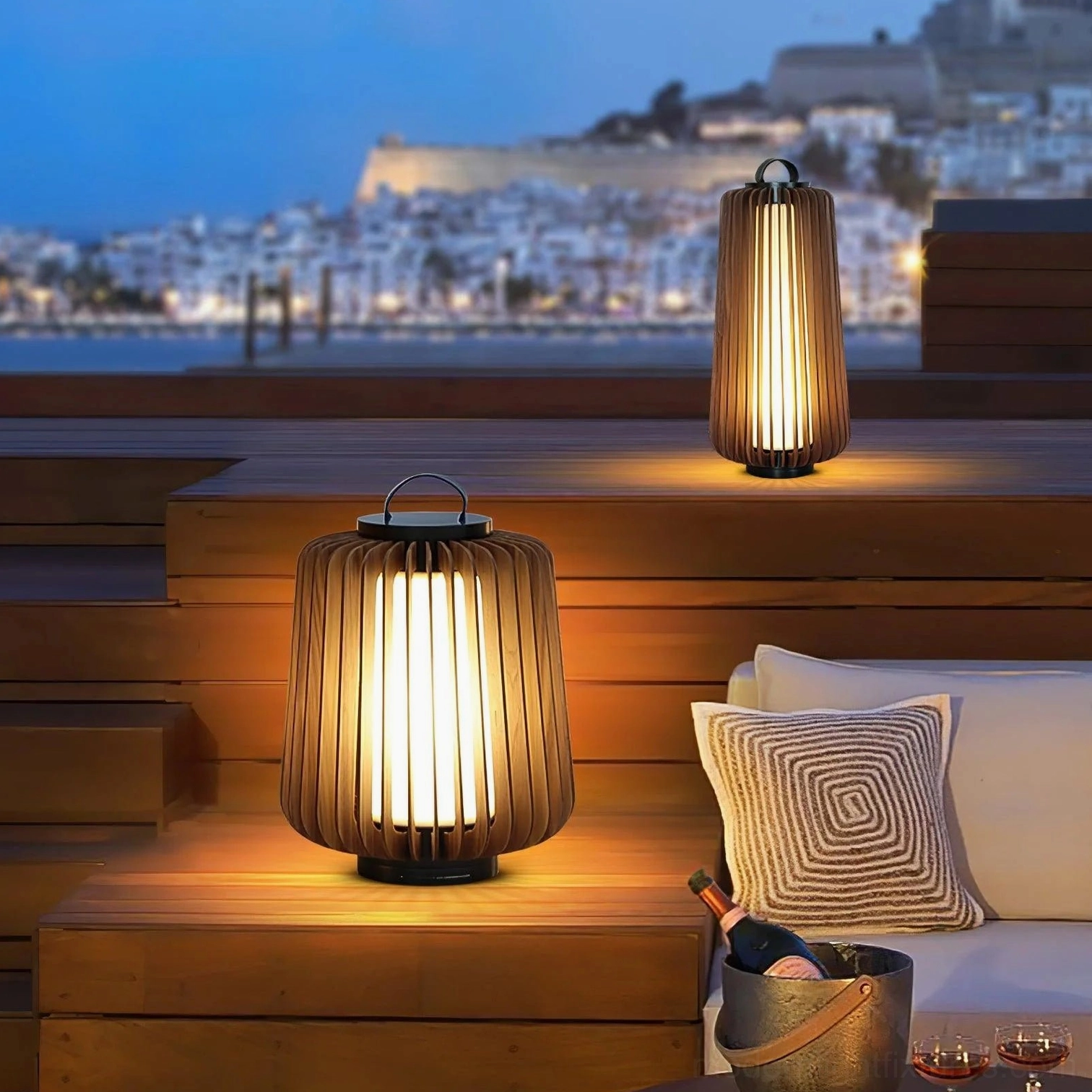 Vertical wooden slatted Lanvera rechargeable outdoor lamp on coastal waterfront wooden steps