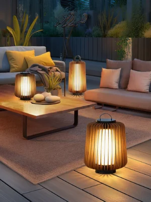 Japandi style outdoor table lamp on residential wooden patio lounge with warm ambient lighting