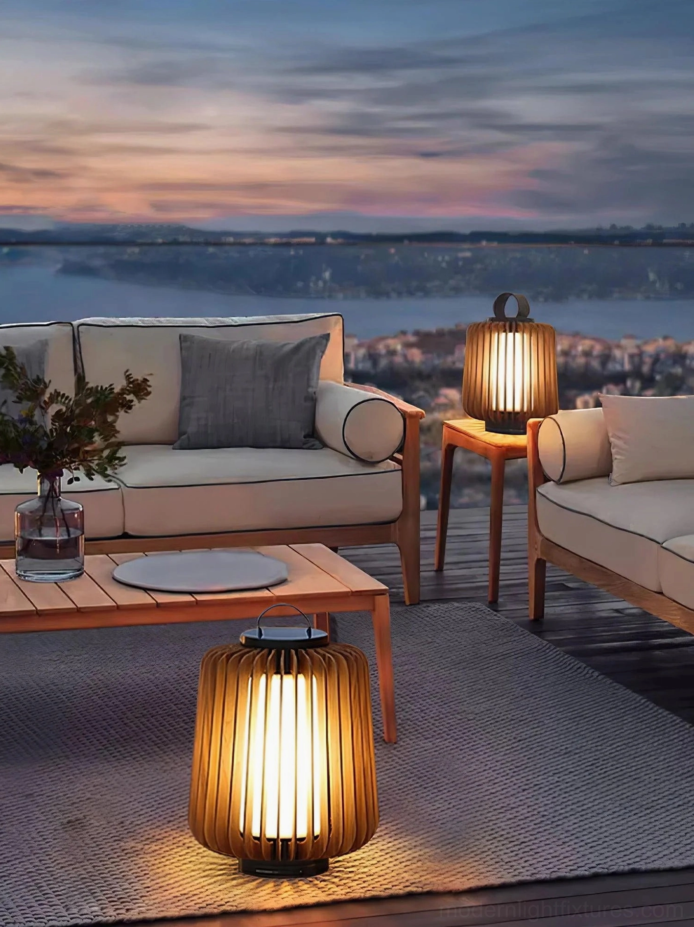 Warm glowing Lanvera portable table lamp at coastal sunset patio lounge area ambiance