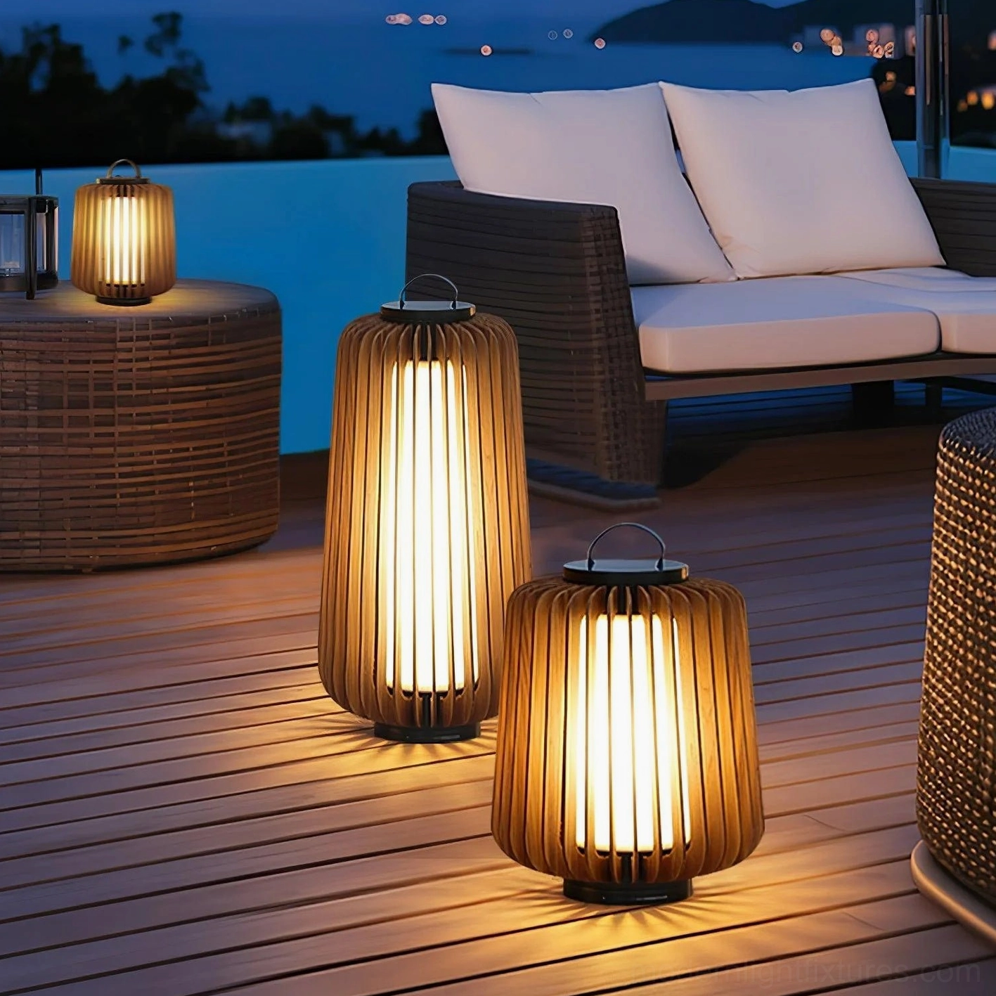 Lanvera rechargeable outdoor table lamp with handle on lakeside wooden lounge deck evening view
