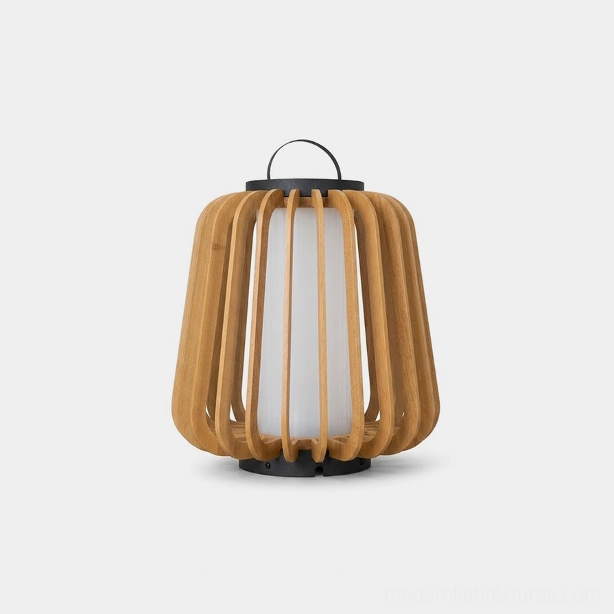 Lanvera rechargeable cordless outdoor table lamp with wooden slatted frame and warm LED glow, studio front view