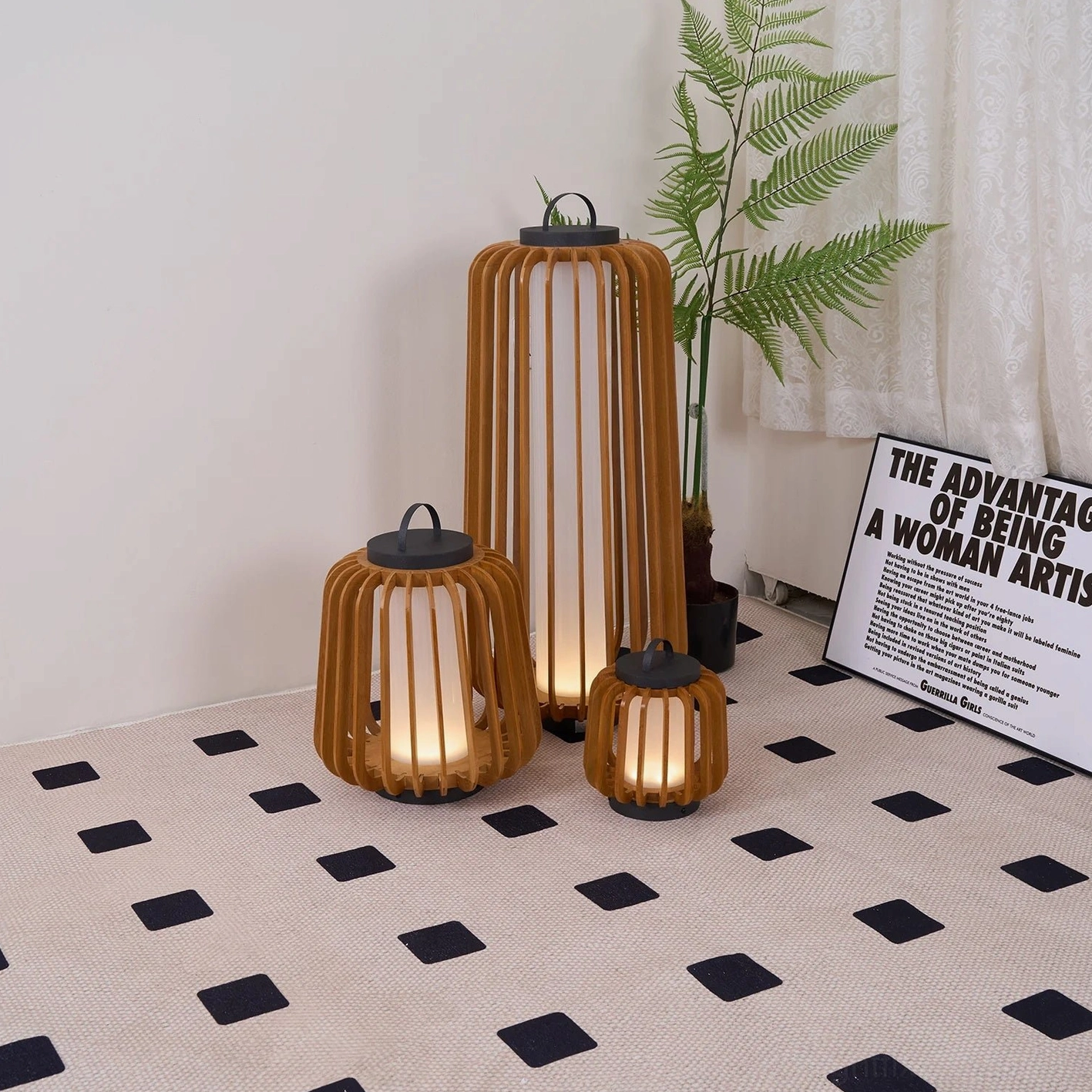 Lanvera outdoor table lamp with black metal accents warm wood frame contrast design