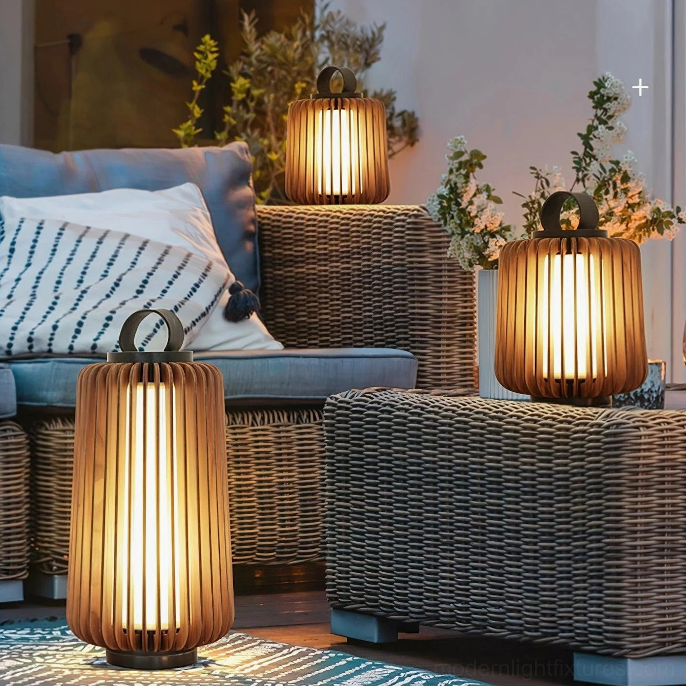 Lanvera wooden slatted rechargeable lamp in bohemian rattan furniture lounge setting