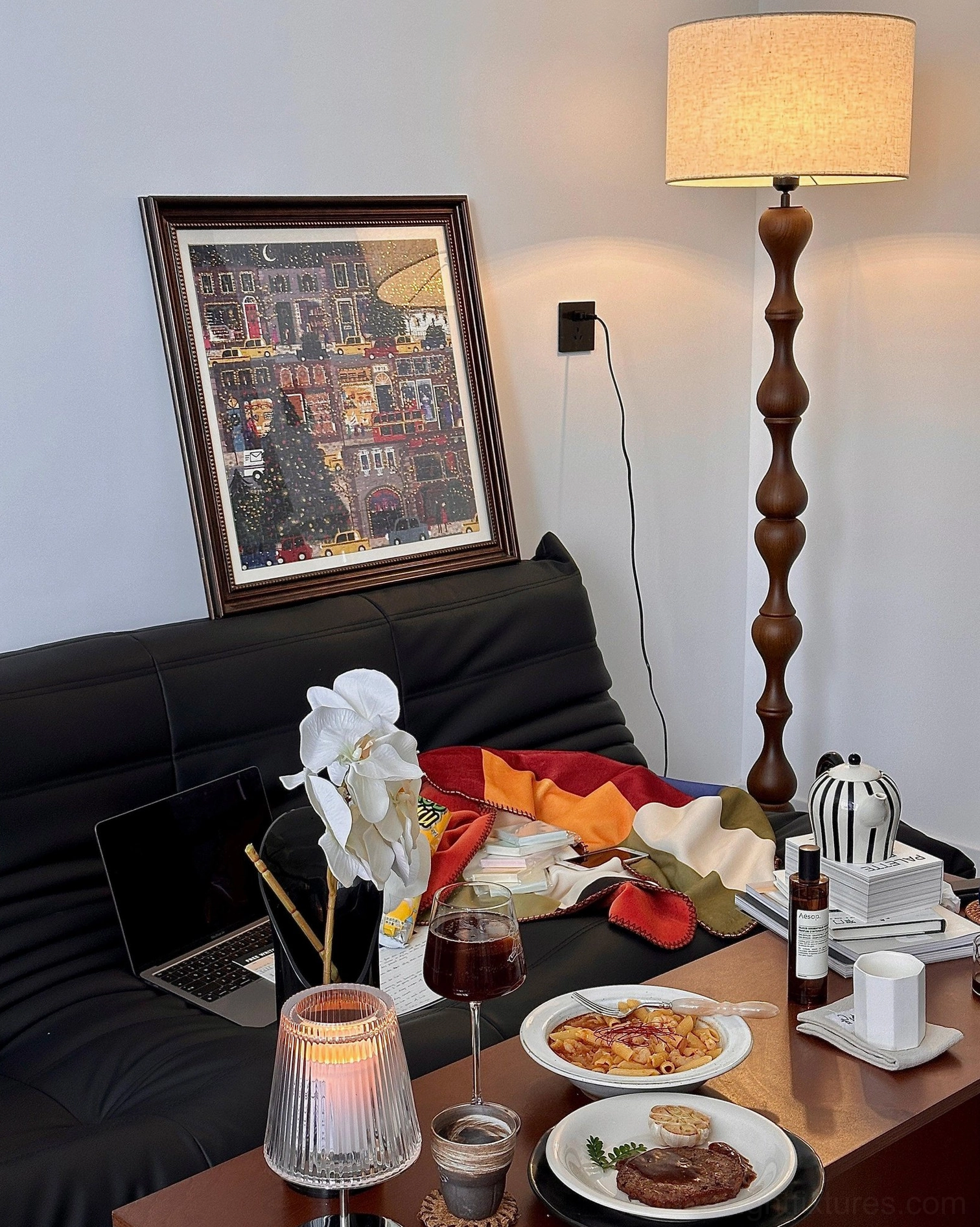 Laredo twisted brown floor lamp with fabric shade in contemporary sofa table setting