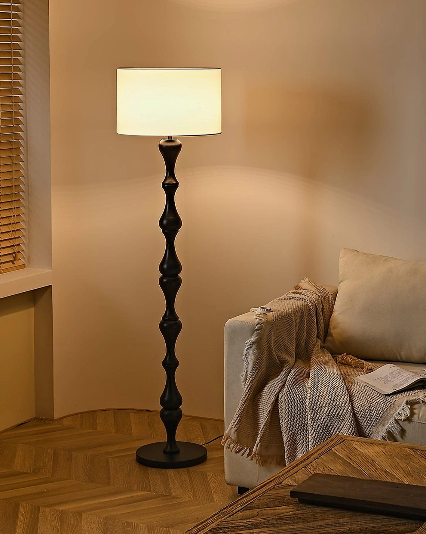 Laredo carved wooden pole floor lamp beige fabric shade herringbone floor room