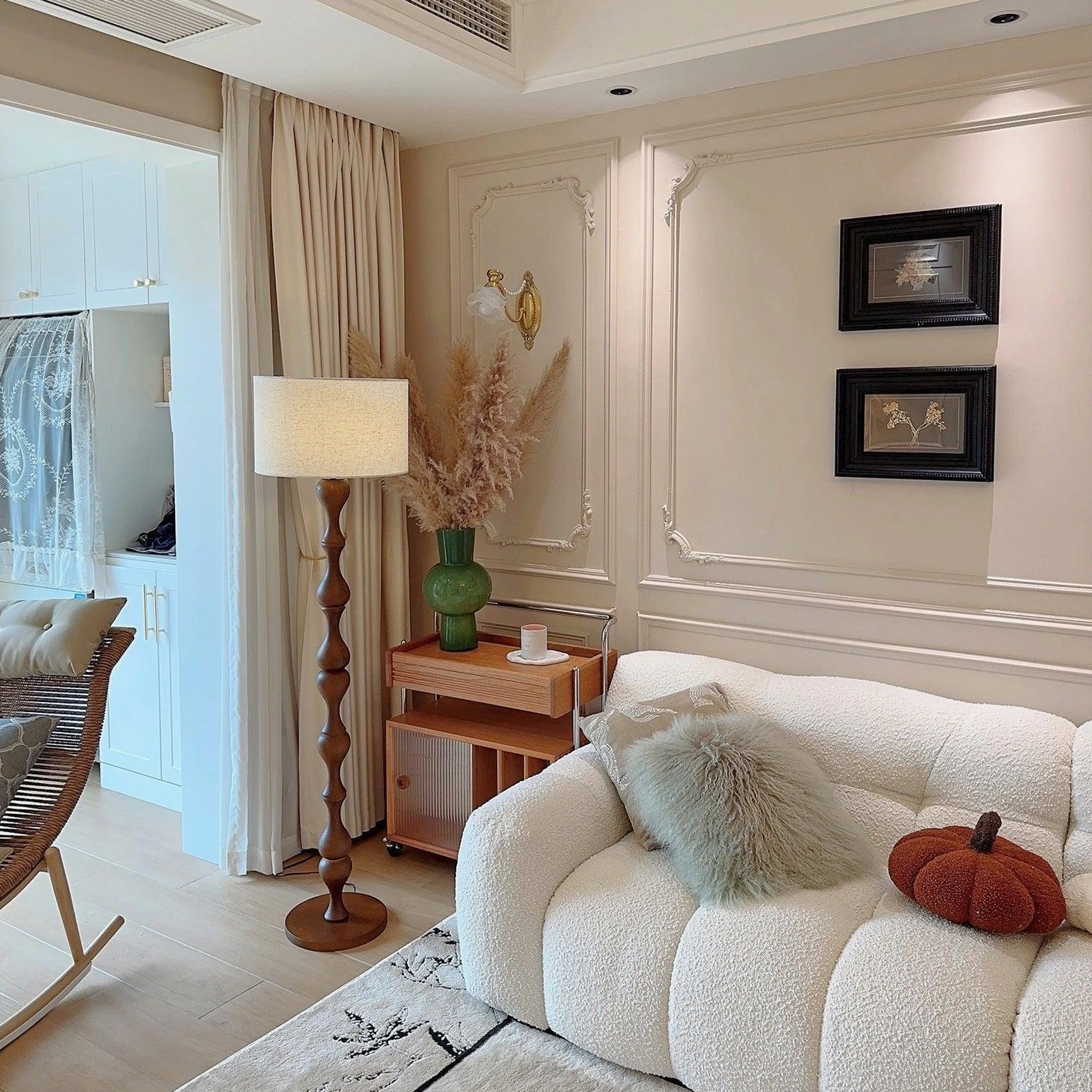 Laredo floor lamp with twisted wooden pole in French style living room interior