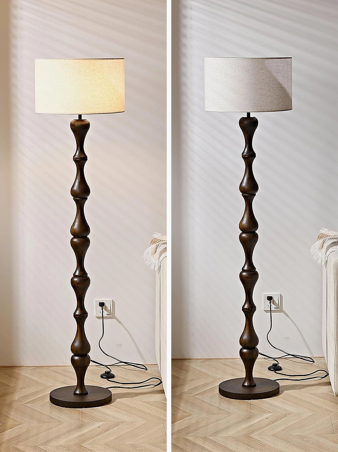 Laredo twisted wood floor lamp walnut and white color option side view