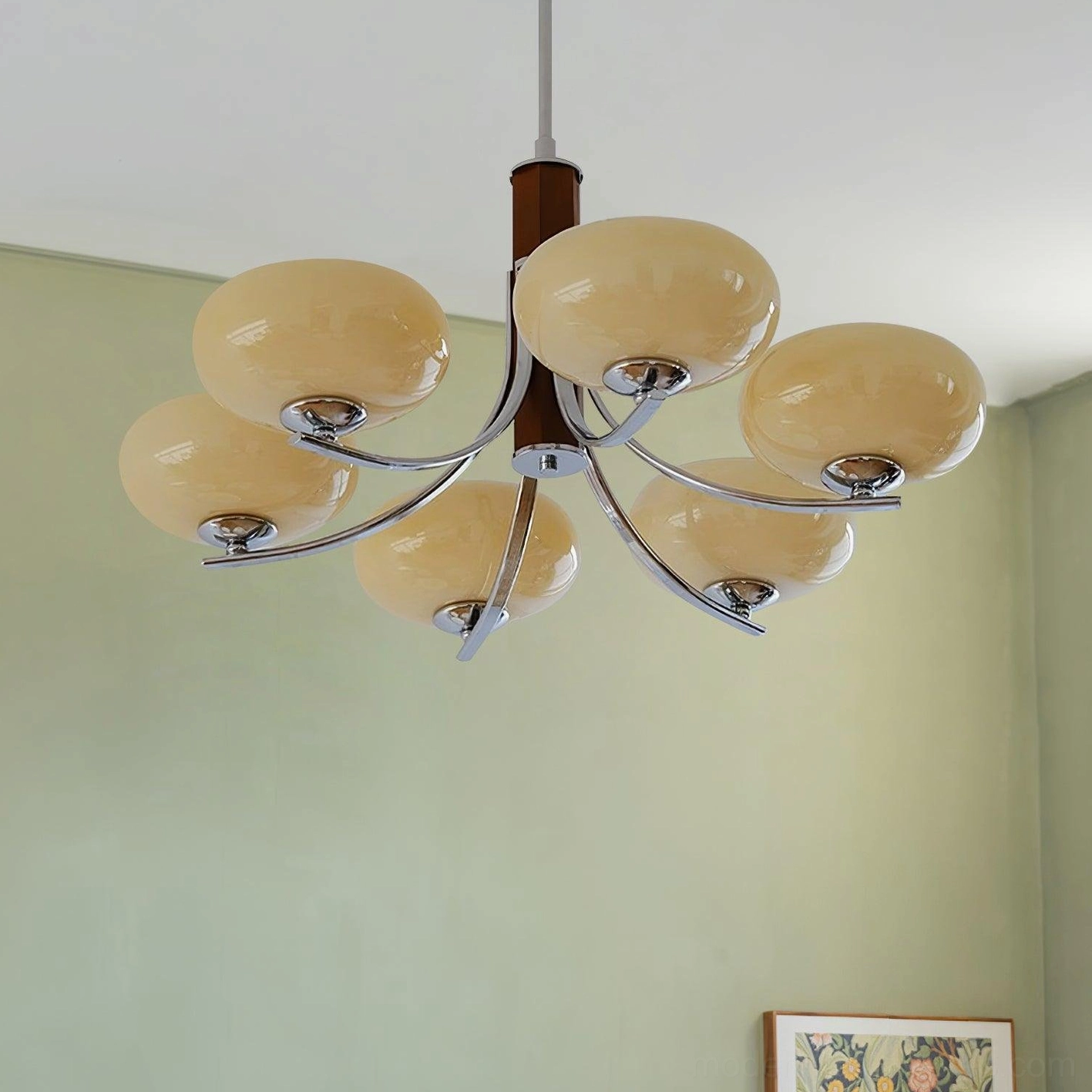 Larenta Rico mid-century sputnik chandelier showing the complete 6-head brass and wood construction