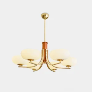 Larenta Rico 6-head mid-century modern sputnik chandelier with brass metal arms and wood stem, featuring opal glass shades in studio setting