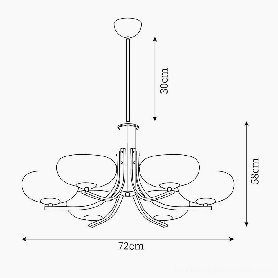 Larenta Rico 6-head chandelier technical design drawing showing 76cm diameter, 55cm height and complete fixture specifications