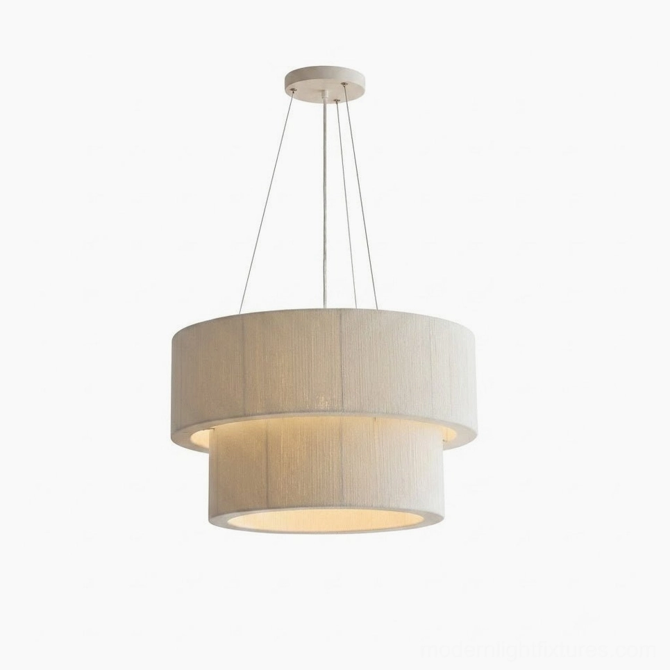 Large cream cotton-thread two-tier drum pendant light 25.6 inch diameter, living room statement fixture, soft warm ambient glow