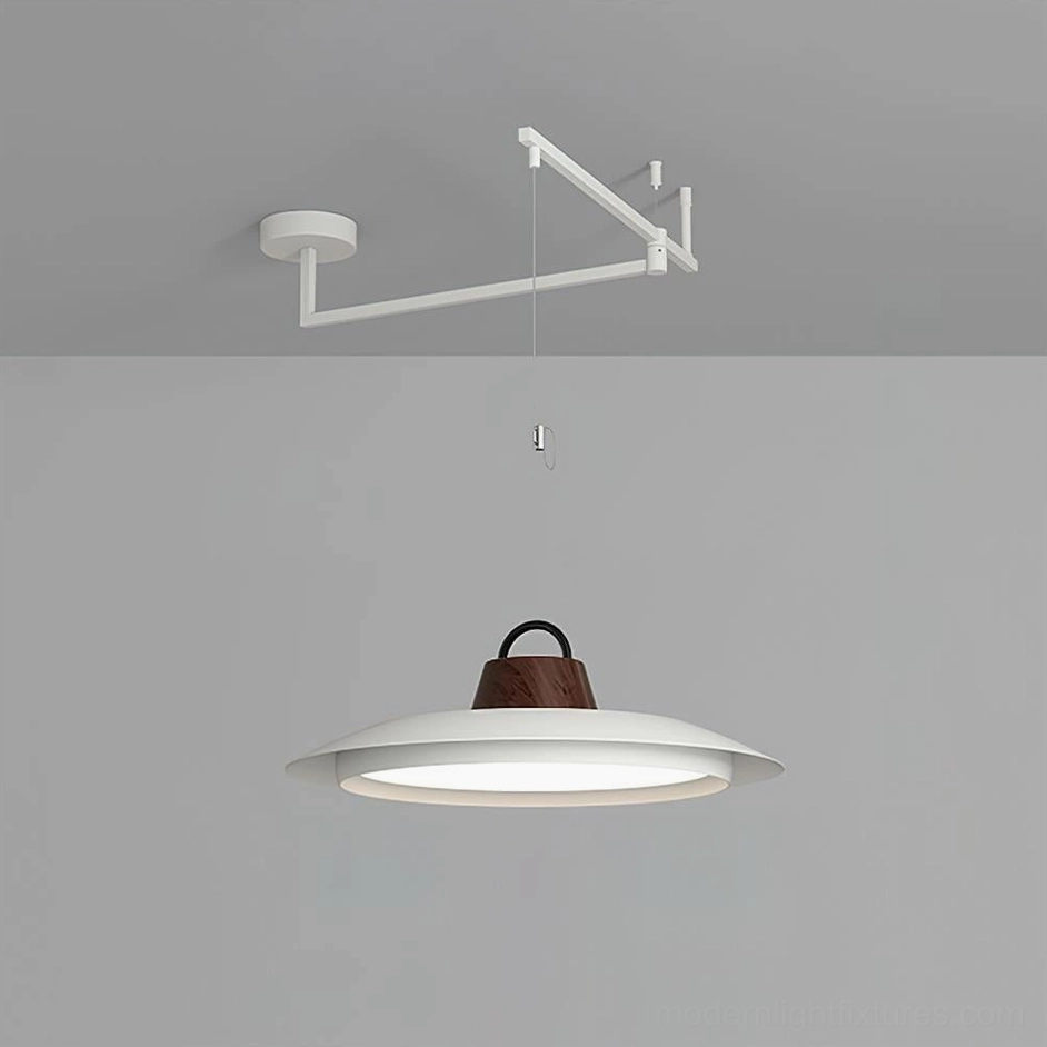 Large 50cm white swing arm pendant light contemporary open-plan interior design