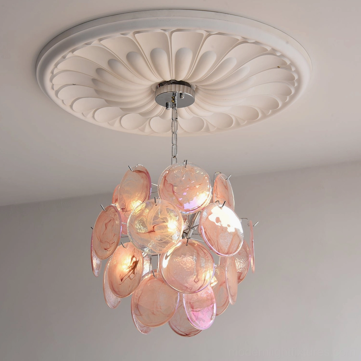 Large 60cm iridescent glass disc chandelier full view showing expanded disc composition