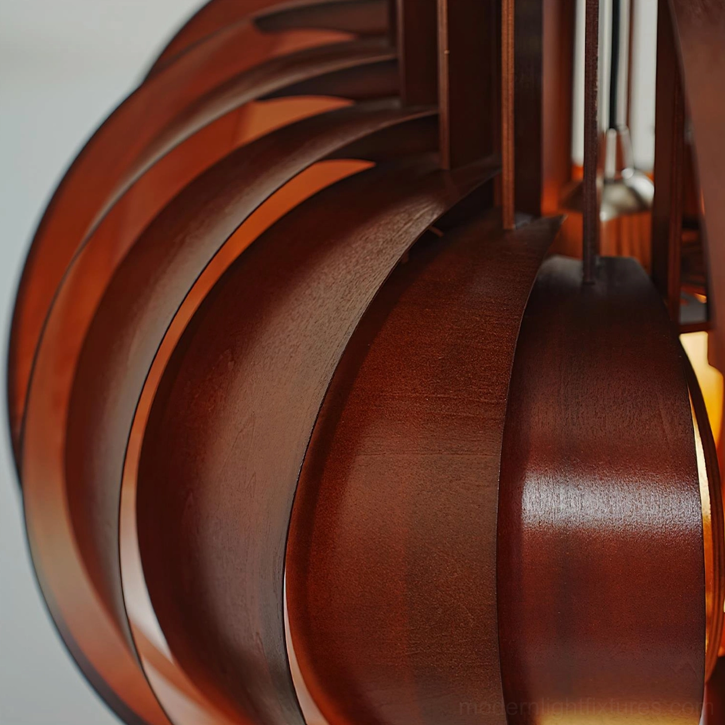 Large 60cm dark walnut wooden pendant fixture creating dramatic sculptural focal point in modern home