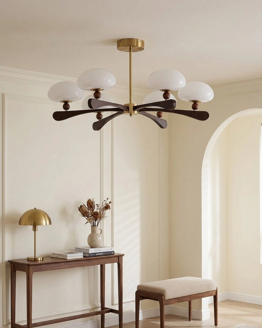 Large 8-light sputnik chandelier with extended dark walnut wood arms, gold-tone fixtures, and mushroom opal domes—statement lighting for grand spaces