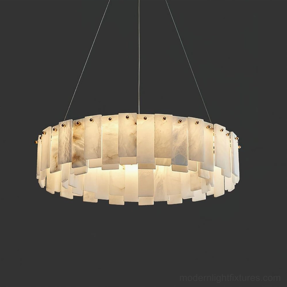 Large alabaster chandelier 80cm diameter creating luminous focal point, natural translucent stone with unique veining providing warm ambient light in modern interior