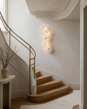 Large Alabaster Bloom Wall Sconce on residential stairwell, sculptural cluster lighting accent