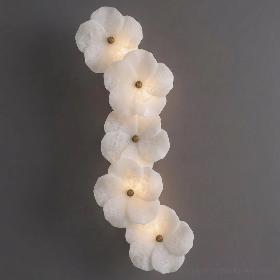 Large Alabaster Bloom Wall Sconce with 5 carved alabaster blooms and brass hardware detail
