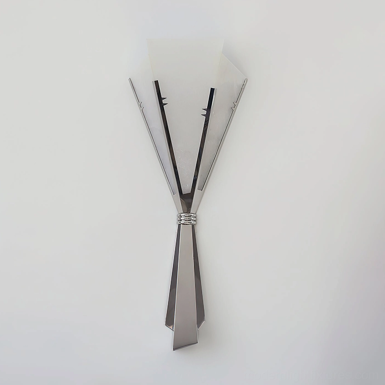 Large Art Deco wall sconce in chrome and white alabaster, architectural geometric form emphasizing Art Deco movement aesthetics