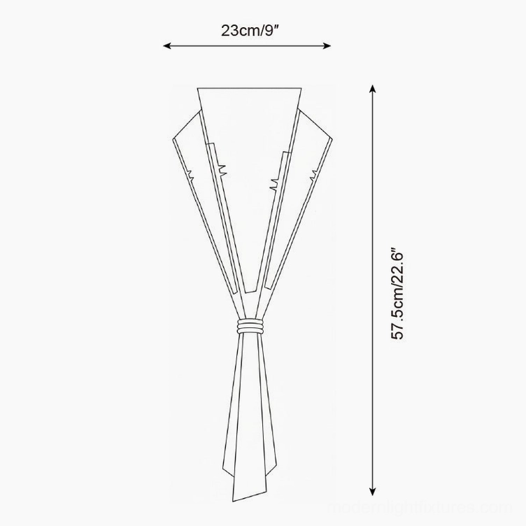Large wall sconce technical schematic displaying 23cm width and 57.5cm height measurements with Art Deco geometric structure blueprint