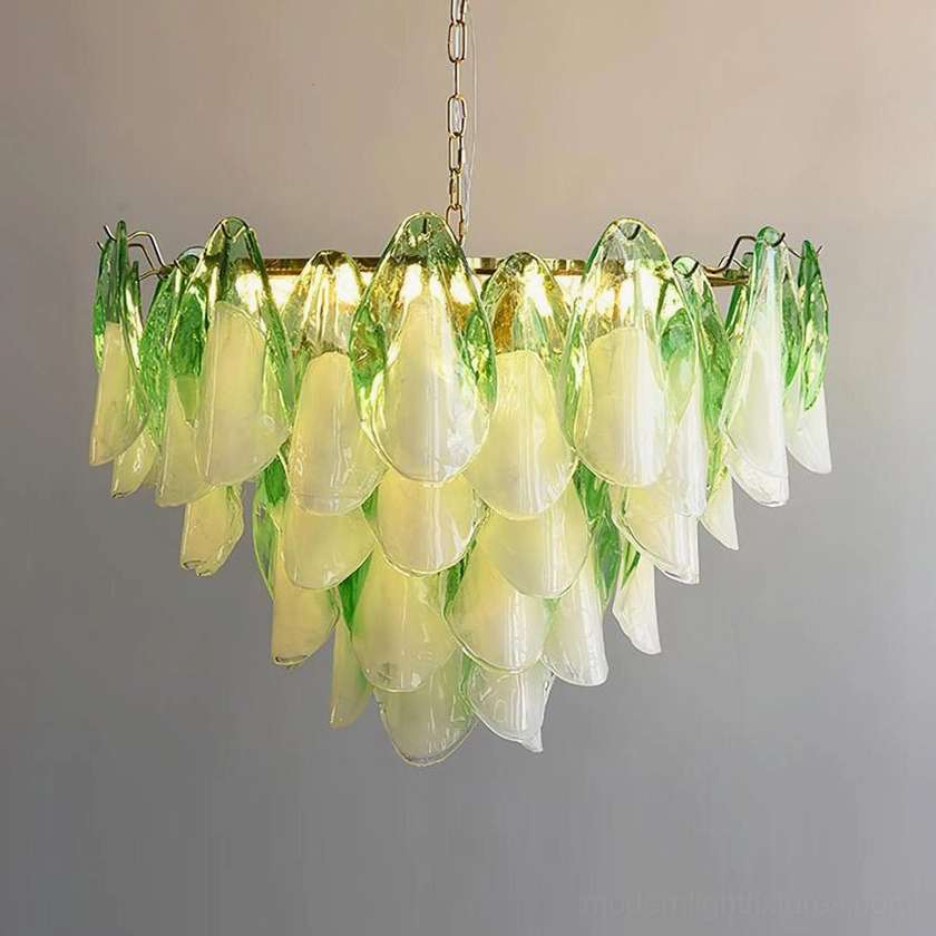 Large botanical glass petal chandelier in green and white showing full dimensional scale