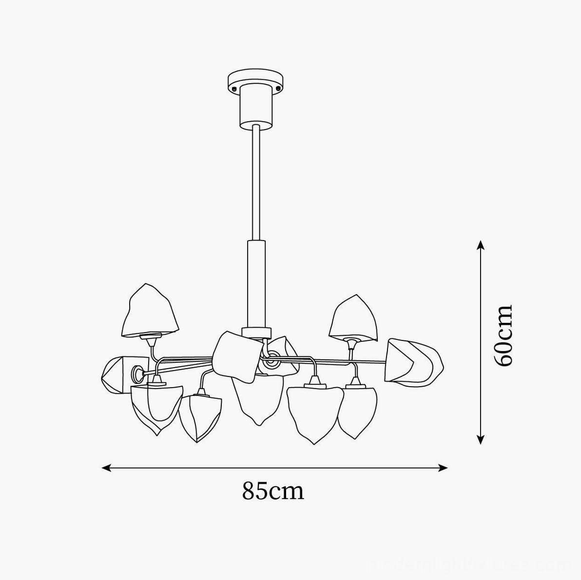 Large modern glass chandelier design schematic with 85cm diameter and 60cm height specifications drawing