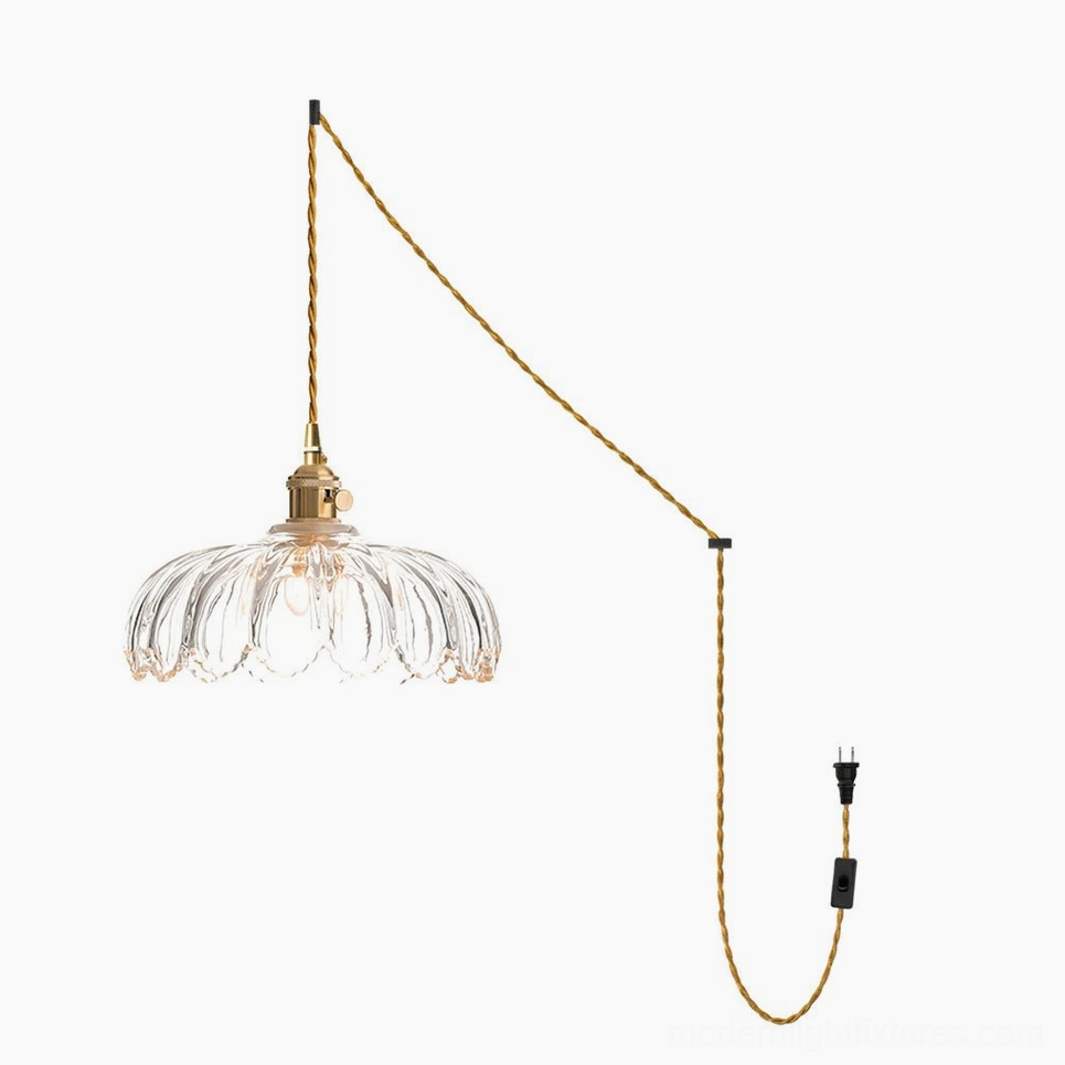 Large size clear fluted glass plug-in pendant light with brass socket holder and gold twisted cord