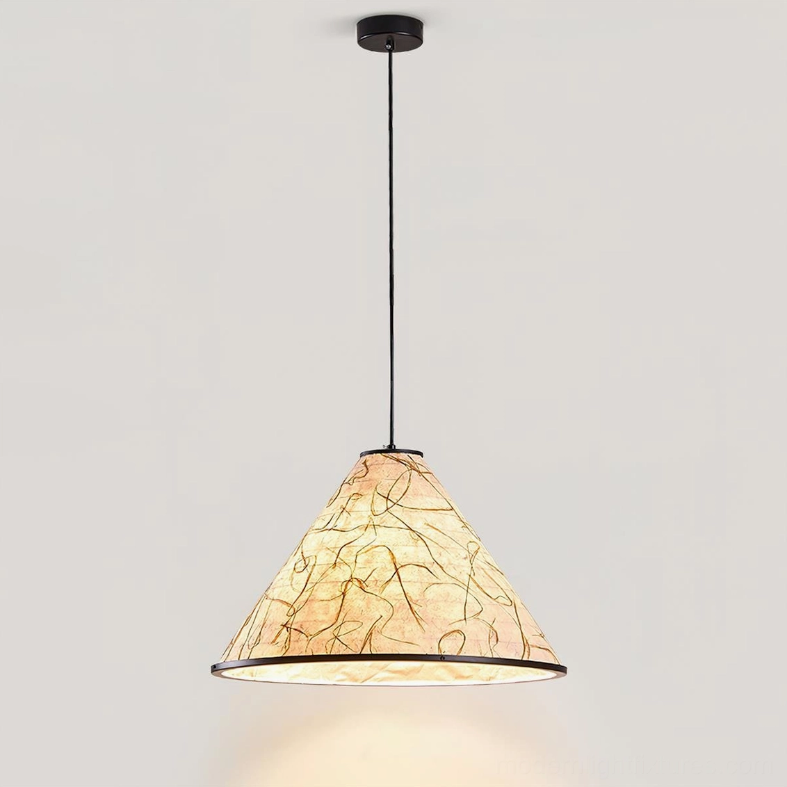 Large 50cm diameter rice paper cone pendant lamp with organic fiber weave and black metal hardware