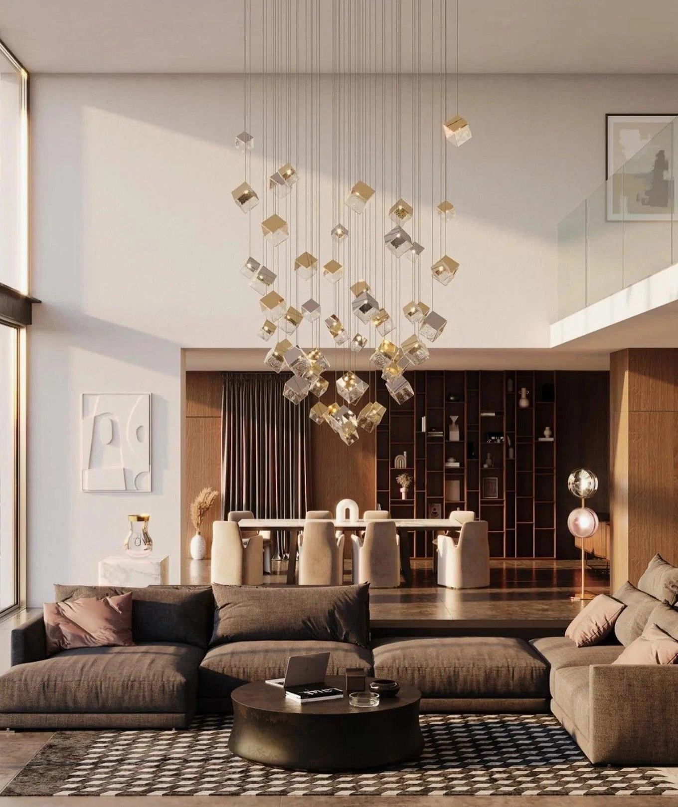 Large-scale geometric cube chandelier cluster installation in luxury duplex living room