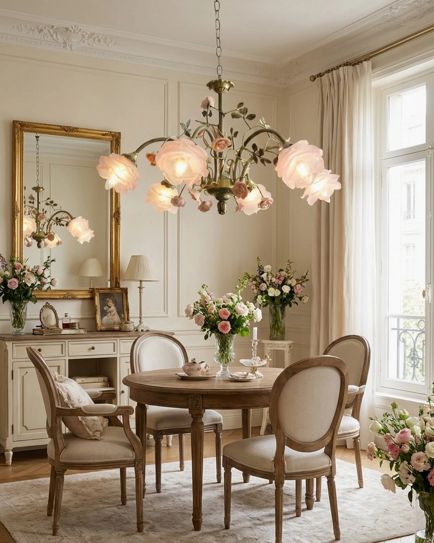 Spacious vintage dining room with blush pink floral chandelier, upholstered dining chairs and fresh flower table centerpiece