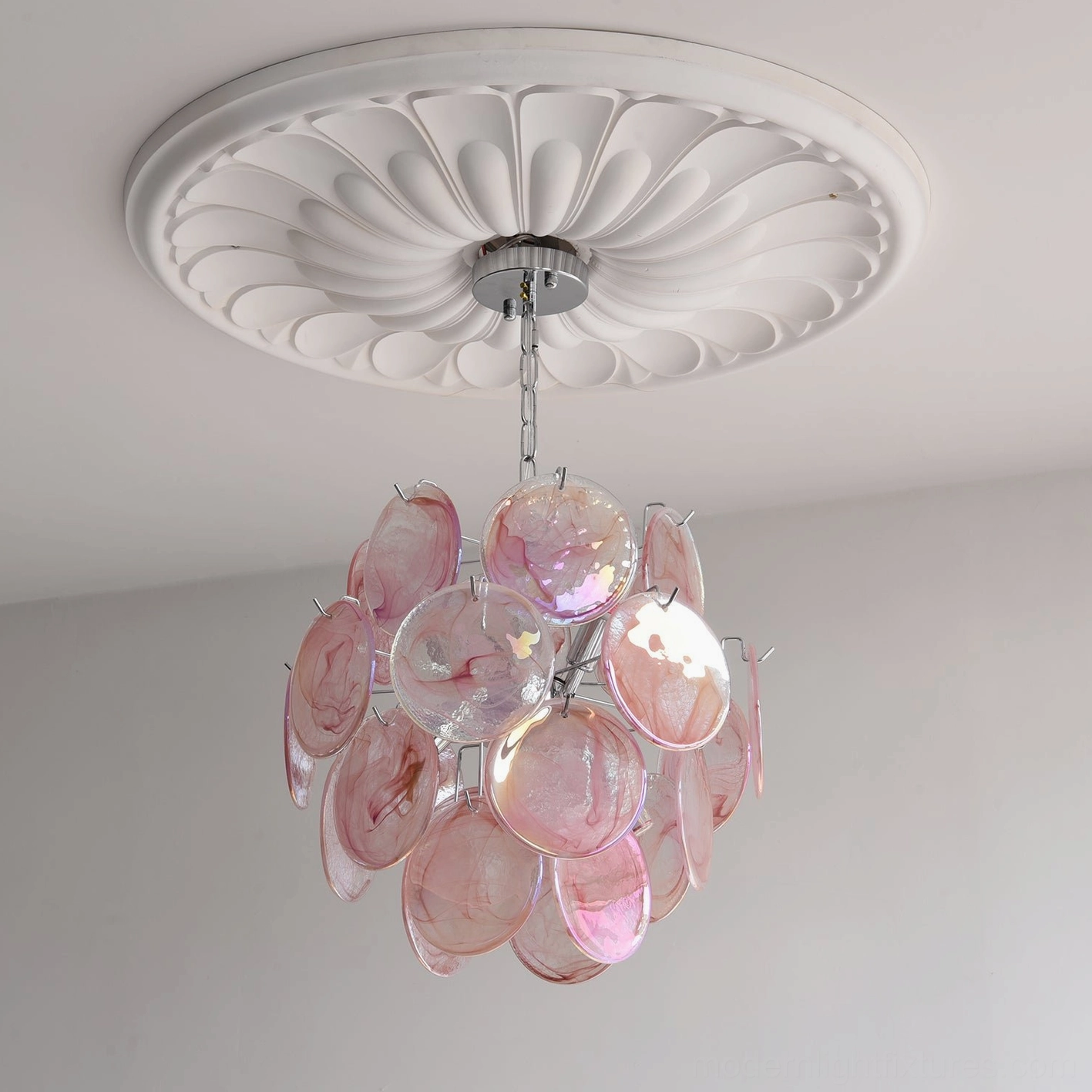 Large format iridescent glass disc pendant light with eight bulbs and extended chain drop