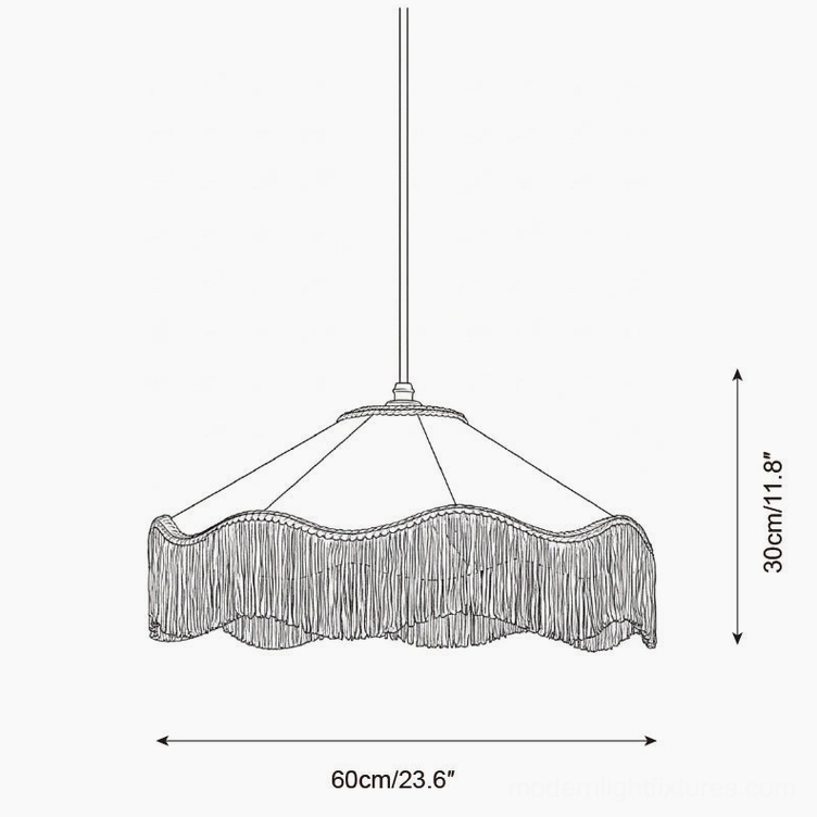 Technical schematic drawing of large 60cm art deco fringe pendant chandelier front view specifications