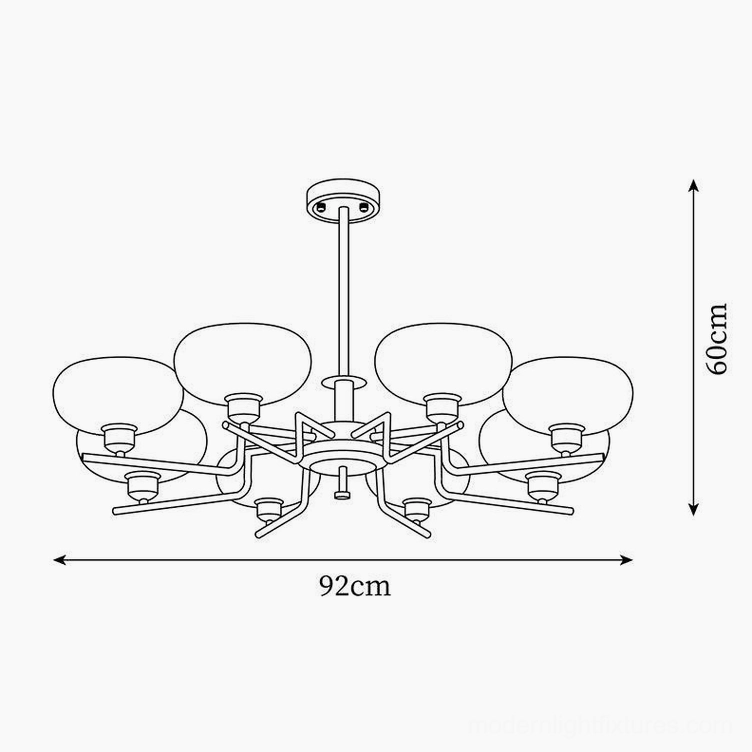 Technical blueprint drawing of large 8-head glass pendant chandelier 92cm diameter 60cm height detailed specifications