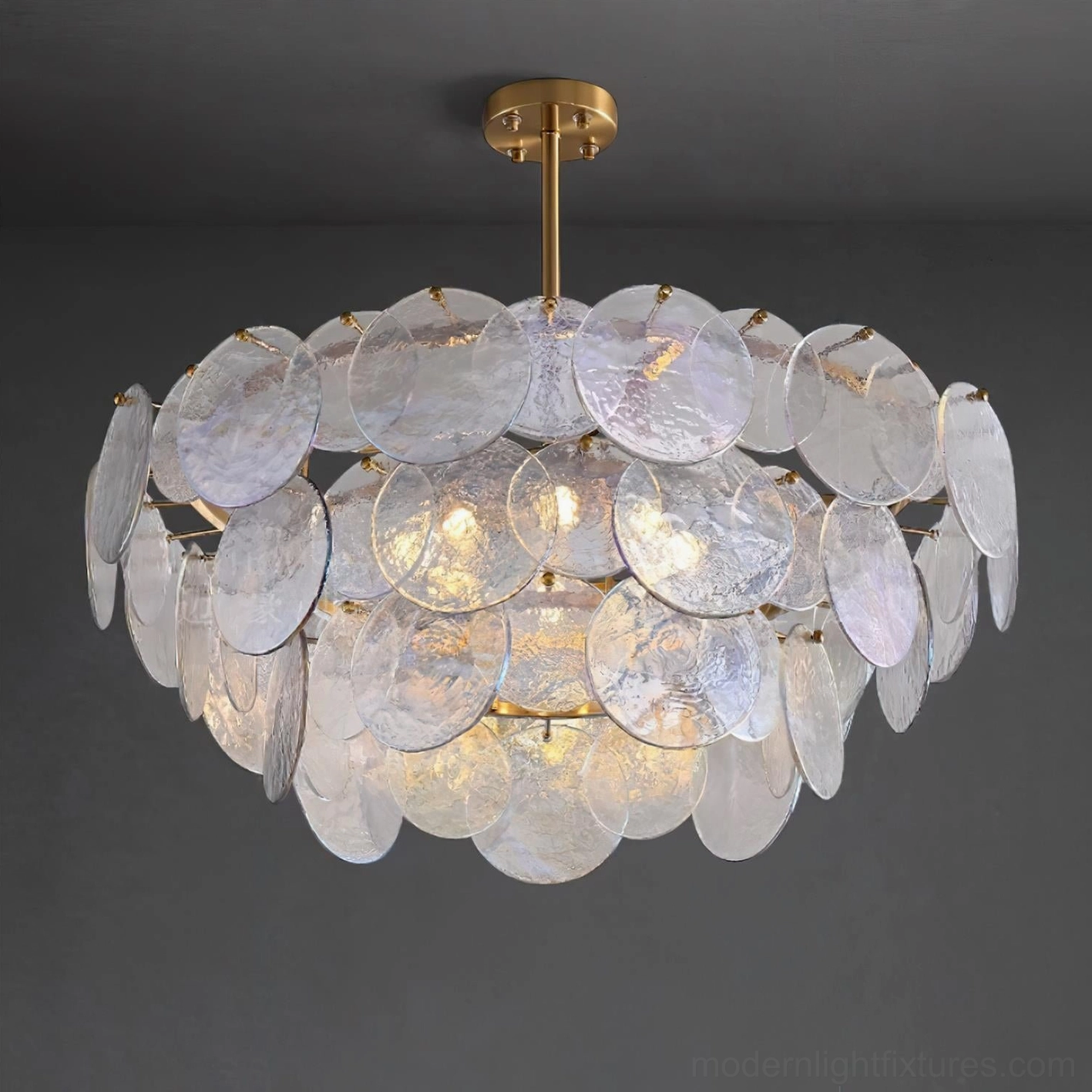 Glass disc pendant chandelier large 80cm diameter with copper and blue-purple tones contemporary style