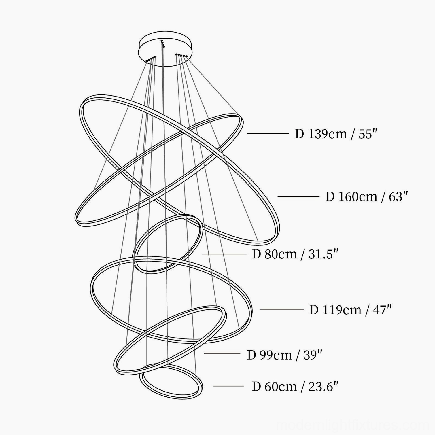 Oversized contemporary ring chandelier technical blueprint with 6 ring sizes up to 160cm diameter