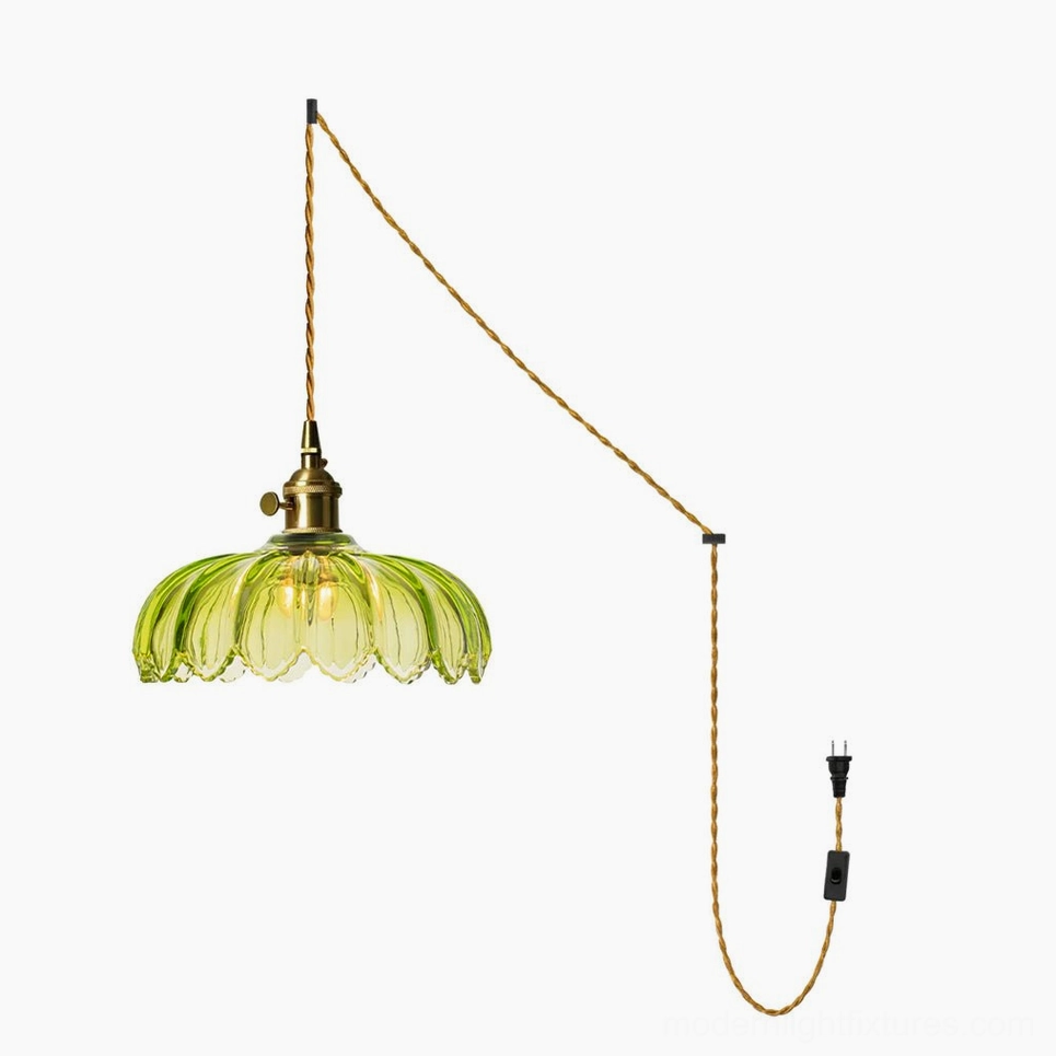 Large size green fluted glass plug-in pendant light with brass fixture and twisted cloth cord