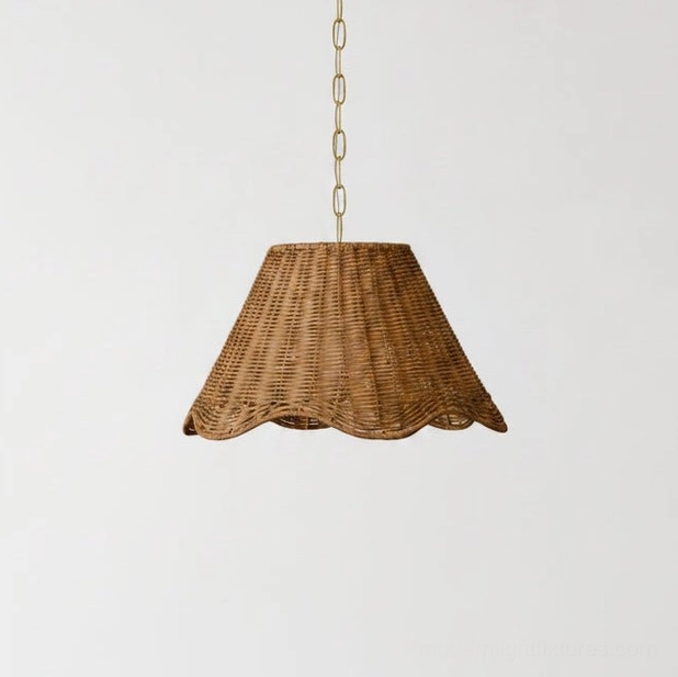 Large size hand-woven rattan pendant light 19.7 inches diameter sculptural scalloped shade design
