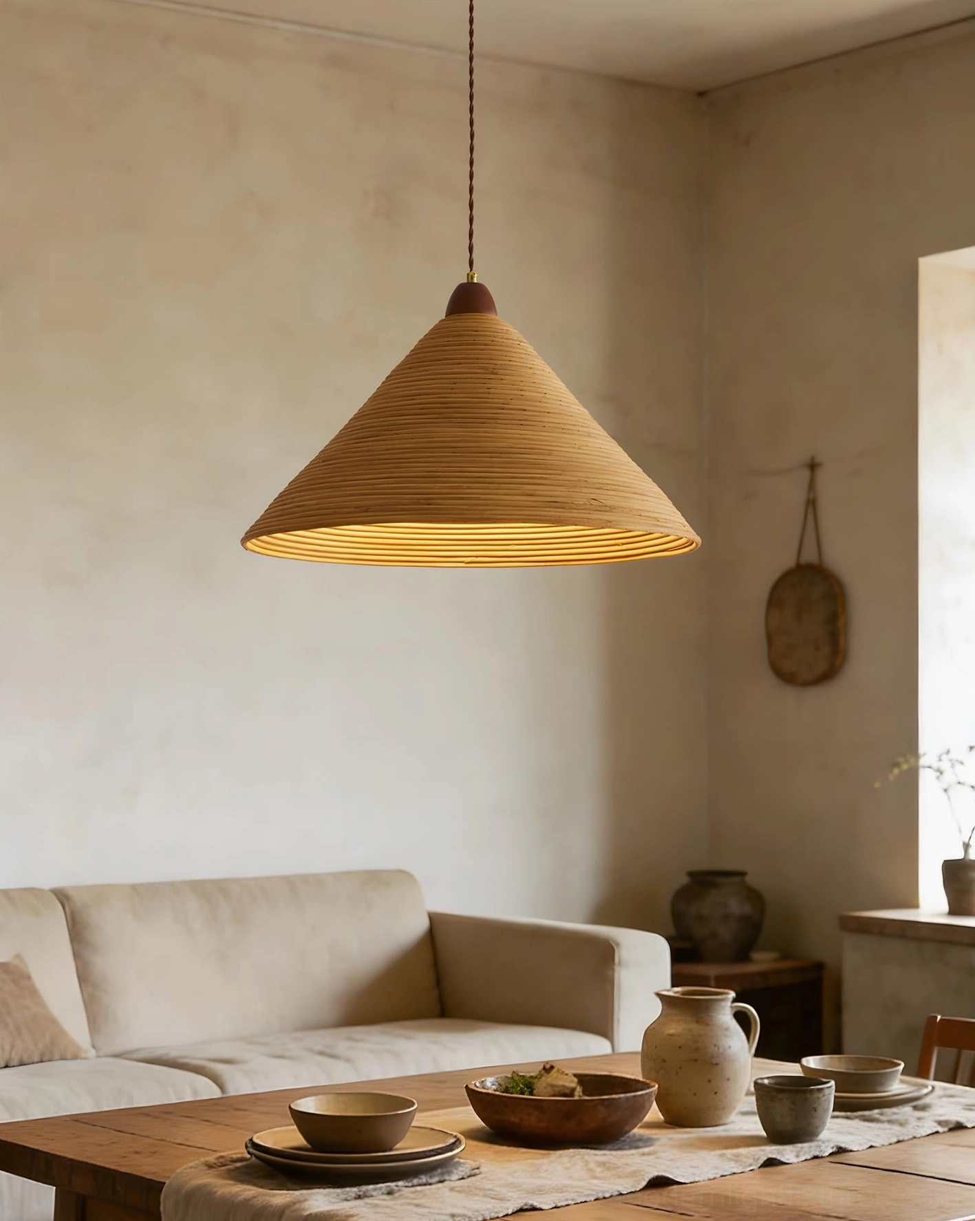 Large cone rattan pendant suspended in modern open living and dining space with contemporary furniture