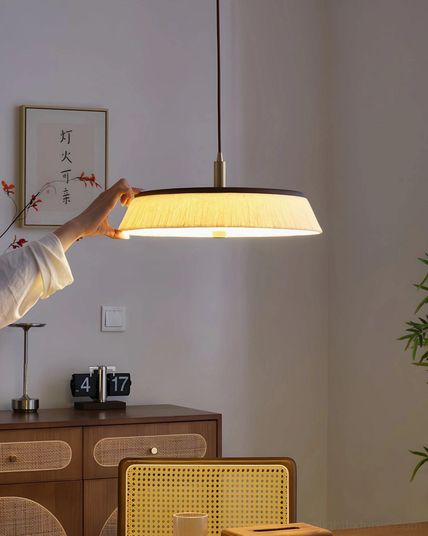 Large Japandi pendant light size comparison with walnut finish and white rice paper shade