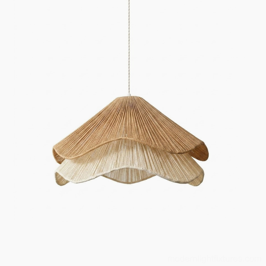 Large Lunaflor tiered jute-cord pendant light in natural tan and cream, architectural proportions for spacious dining areas