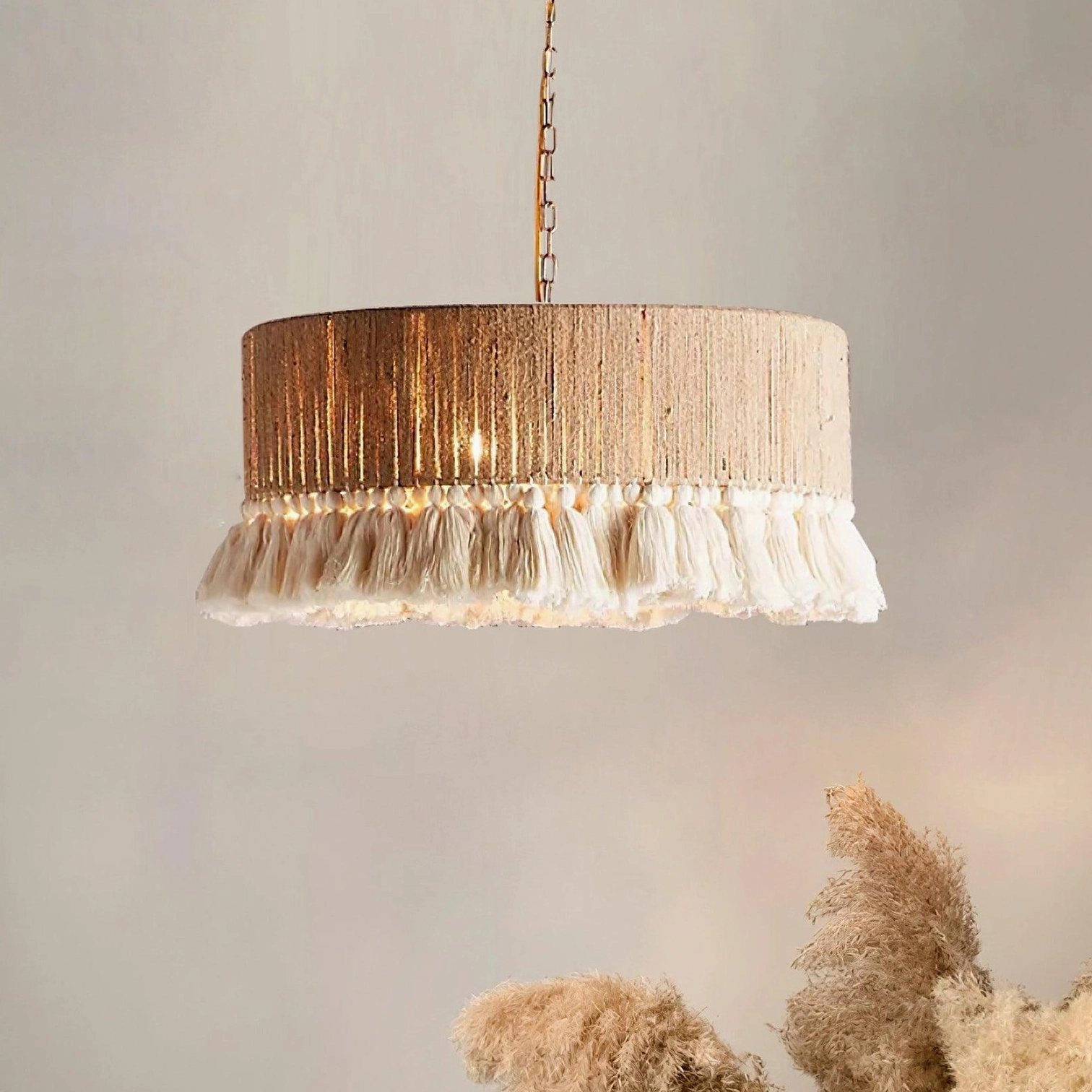 Large model B boho drum tassel pendant light suspension and fixture detail view