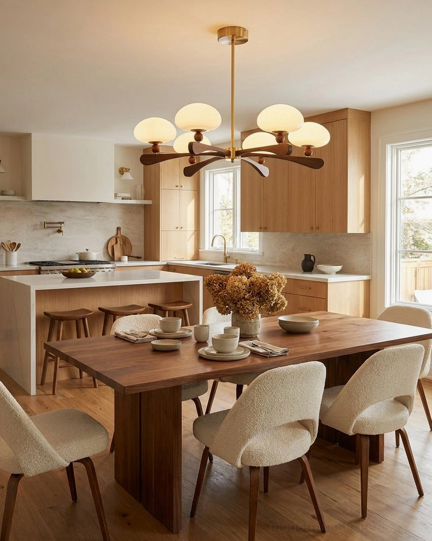 8-light wooden-arm chandelier with gold-tone hub positioned above open-plan dining kitchen space, warm rustic dining area setting