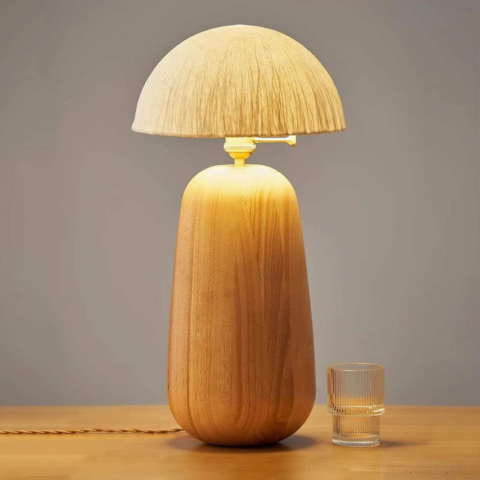 Large size oak wood table lamp variant with warm wood finish and woven rice paper shade