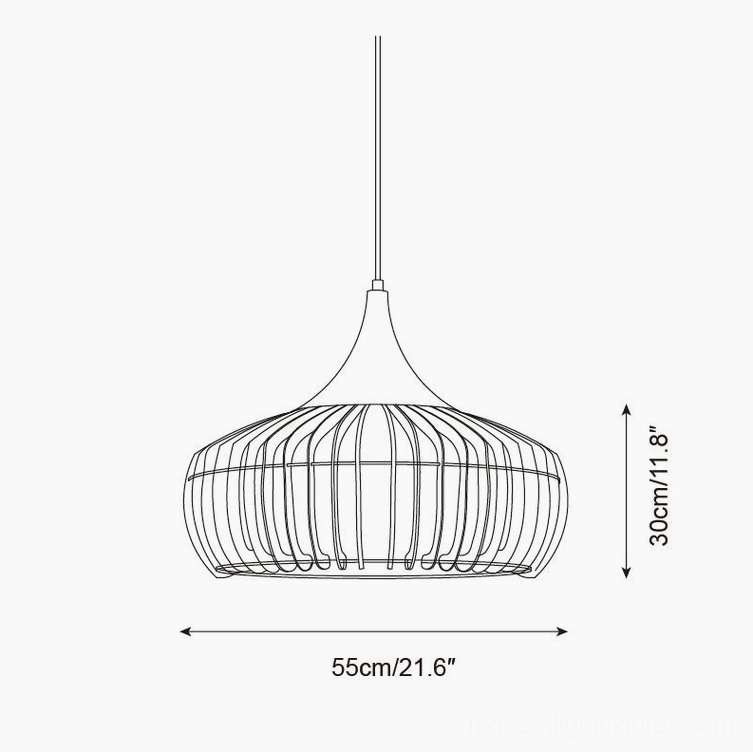 Technical specification drawing of large wood pendant lamp, 55cm diameter x 30cm height dimension schematic