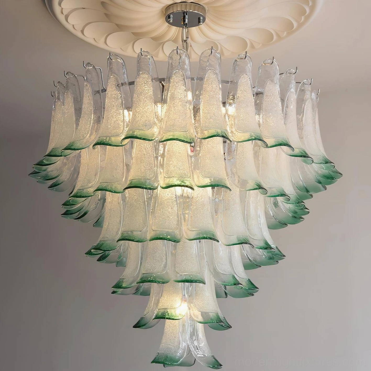Large 6-layer glass petal chandelier in grand living room demonstrating scale and visual impact