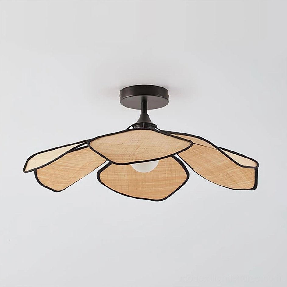 Large 80cm raffia petal semi-flush ceiling light fixture installed in spacious bedroom with bohemian aesthetic and warm natural illumination