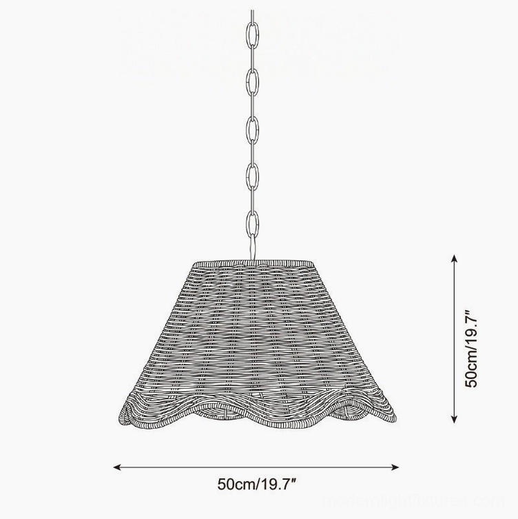 Large size hand-woven rattan pendant light with scalloped profile technical schematic 50cm diameter height