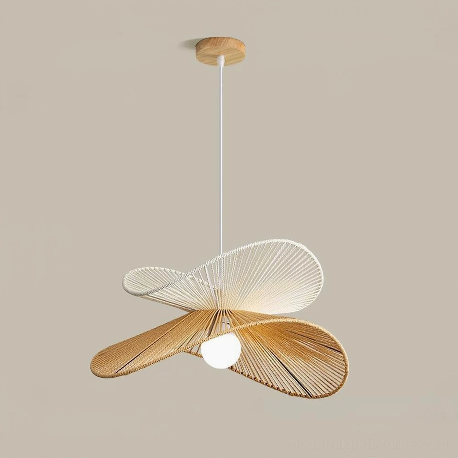 Large 50cm rattan pendant light with 20cm height featuring handwoven asymmetrical petal design